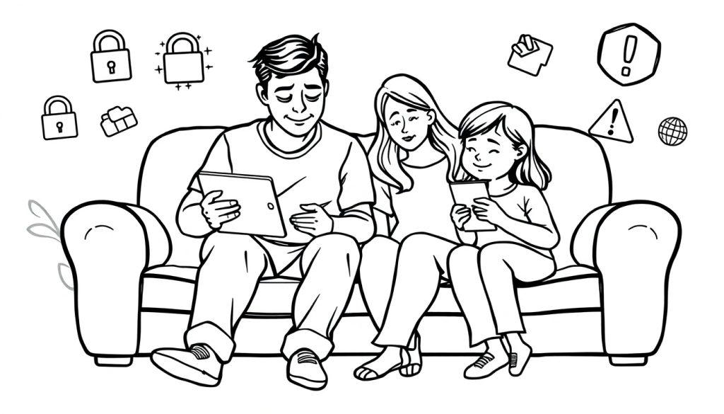Kleurplaat van een gezin met apparaten en symbolen rondom internetveiligheid.