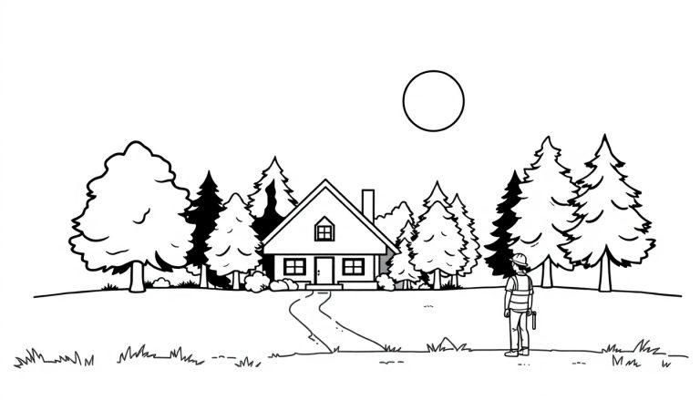 Kleurplaat van een landschap met een huis, bomen, een zon en een bouwvakker die iets inspecteert.