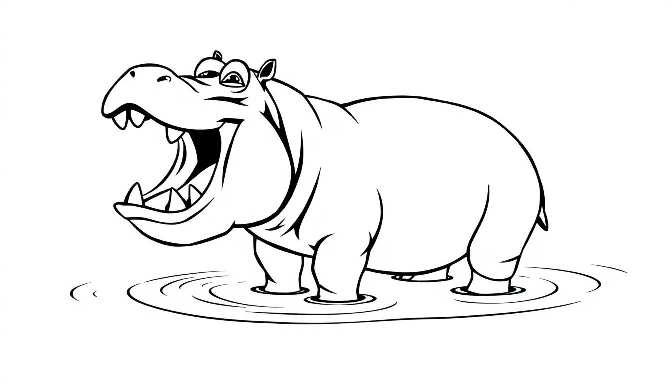 Zwart-wit tekening van een vrolijk nijlpaard in water, geschikt als kleurplaat.