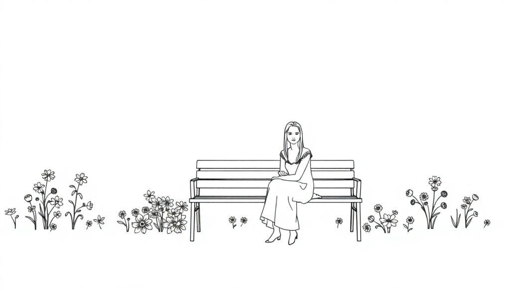 Een kleurplaat van een vrouw op een bankje met bloemen eromheen.