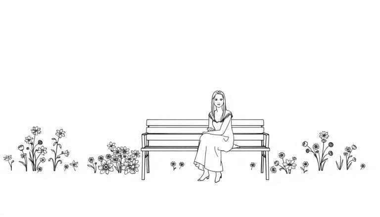 Een kleurplaat van een vrouw op een bankje met bloemen eromheen.