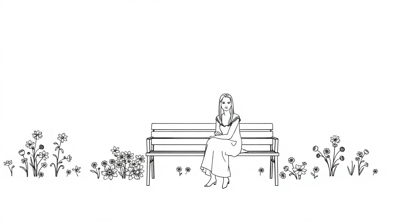 Een kleurplaat van een vrouw op een bankje met bloemen eromheen.