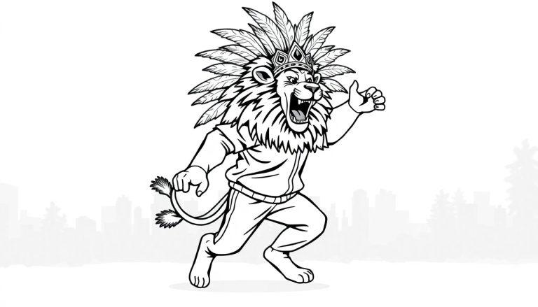 Een stoere leeuw met een traditionele verentooi, gehuld in een joggingpak, rent energiek door een cartooneske omgeving met bomen en stadselementen.