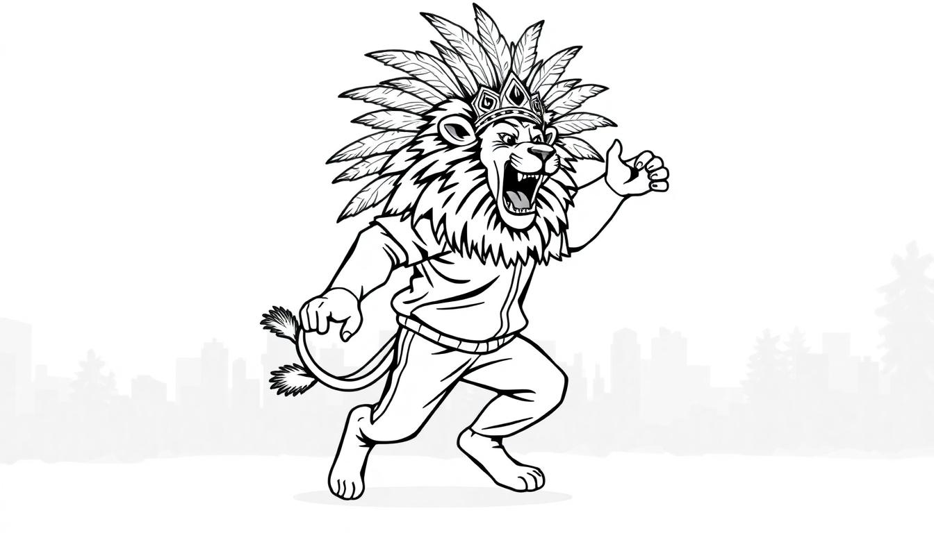 Een stoere leeuw met een traditionele verentooi, gehuld in een joggingpak, rent energiek door een cartooneske omgeving met bomen en stadselementen.