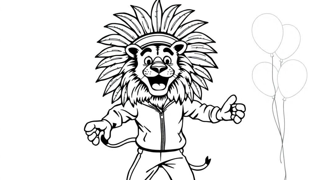 Kleurplaat van een lachende leeuw met verenmanen en een jasje, omringd door ballonnen.