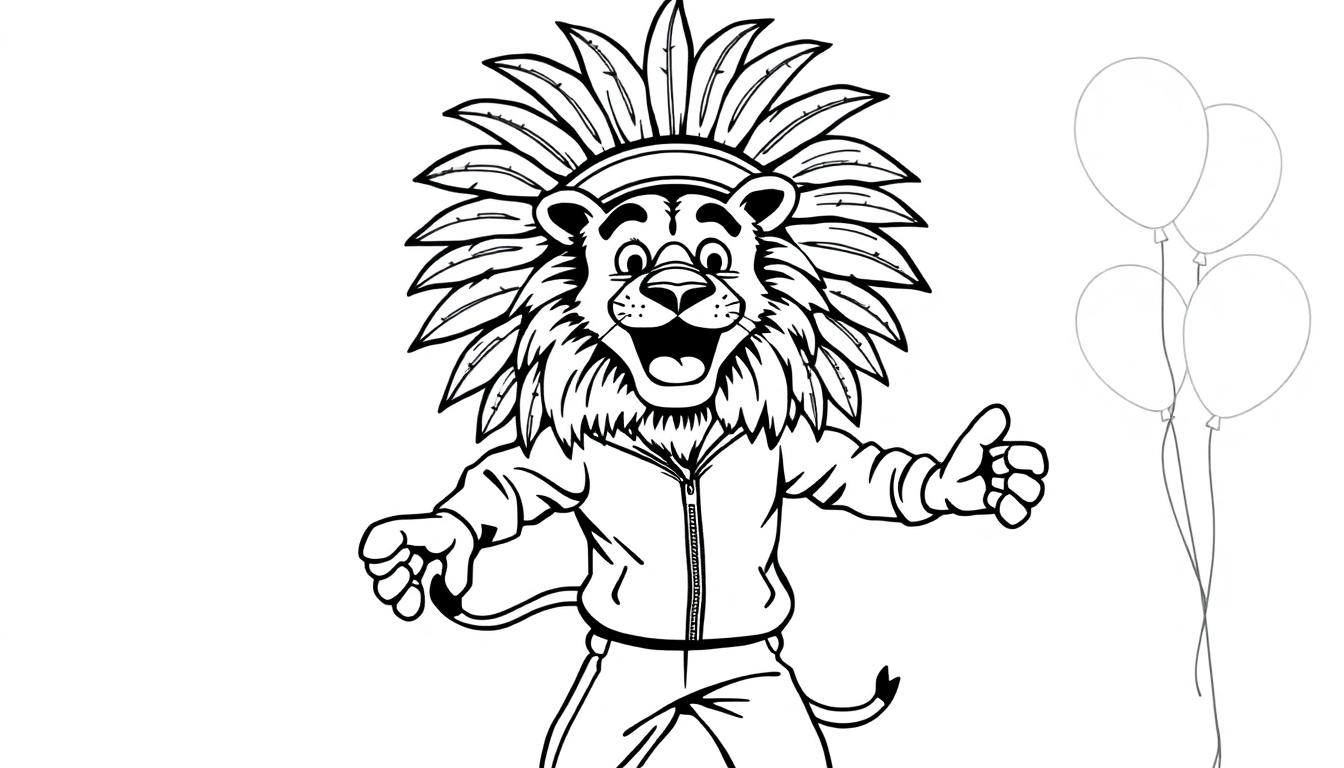 Kleurplaat van een lachende leeuw met verenmanen en een jasje, omringd door ballonnen.