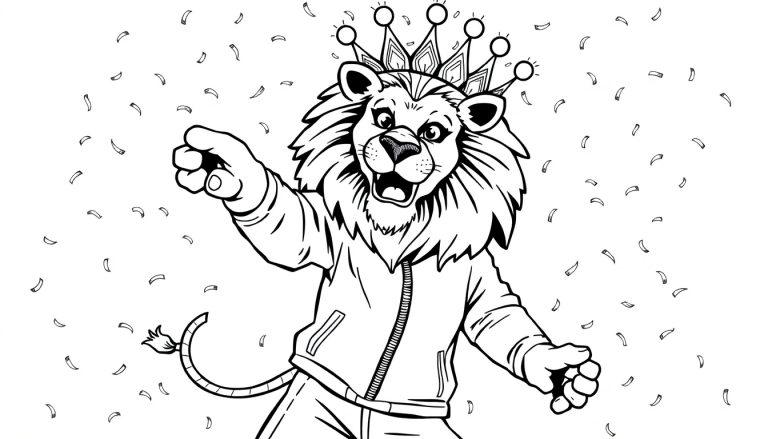 Kleurplaat van een stoere leeuw met een kroon, een jas met rits en confetti in de lucht.