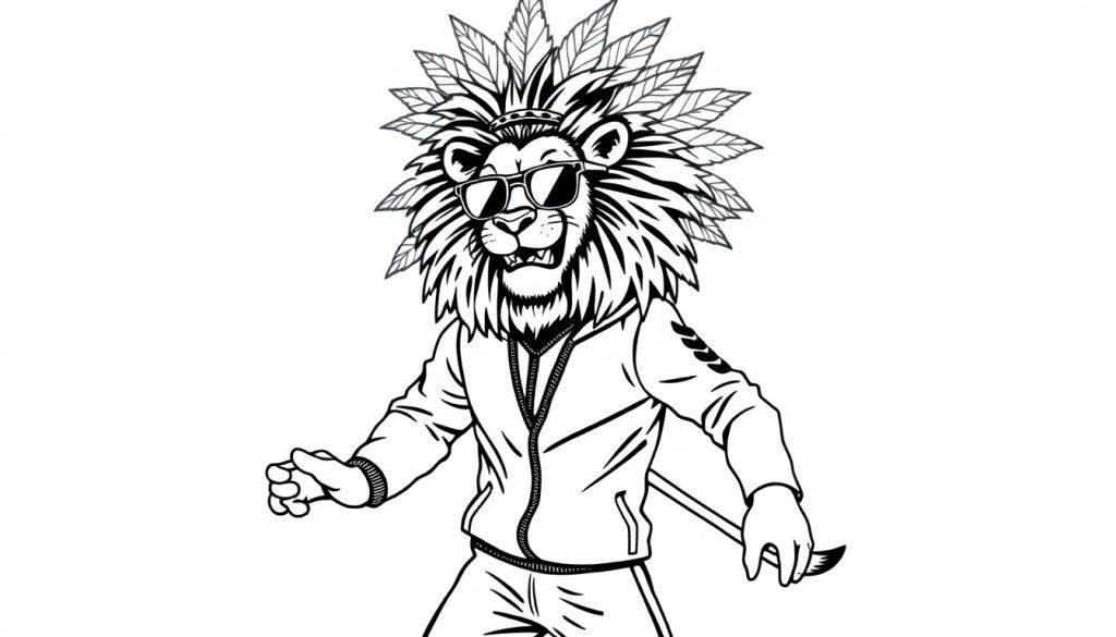 Kleurplaat van een stoere getekende leeuw in trainingspak en zonnebril met bladeren in zijn manen en een stok in zijn poot.