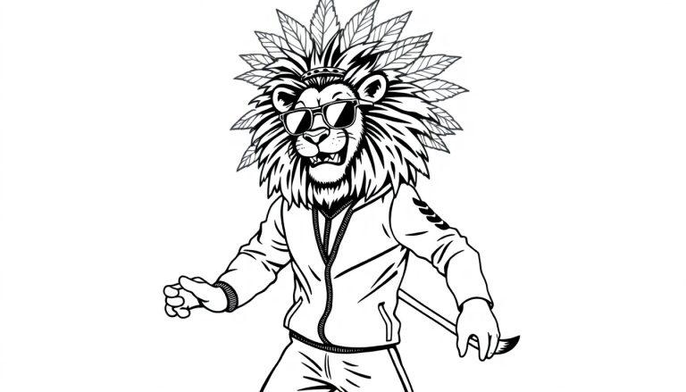 Kleurplaat van een stoere getekende leeuw in trainingspak en zonnebril met bladeren in zijn manen en een stok in zijn poot.