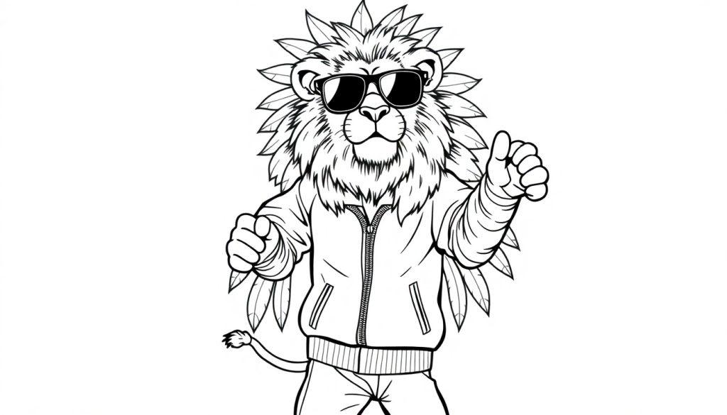 Kleurplaat van een stoere leeuw in een trainingspak en zonnebril met een Braziliaanse verentooi, die aan het dansen is.