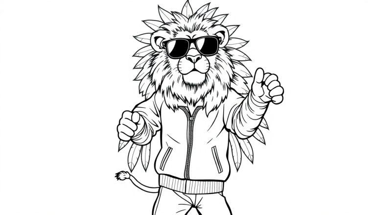Kleurplaat van een stoere leeuw in een trainingspak en zonnebril met een Braziliaanse verentooi, die aan het dansen is.