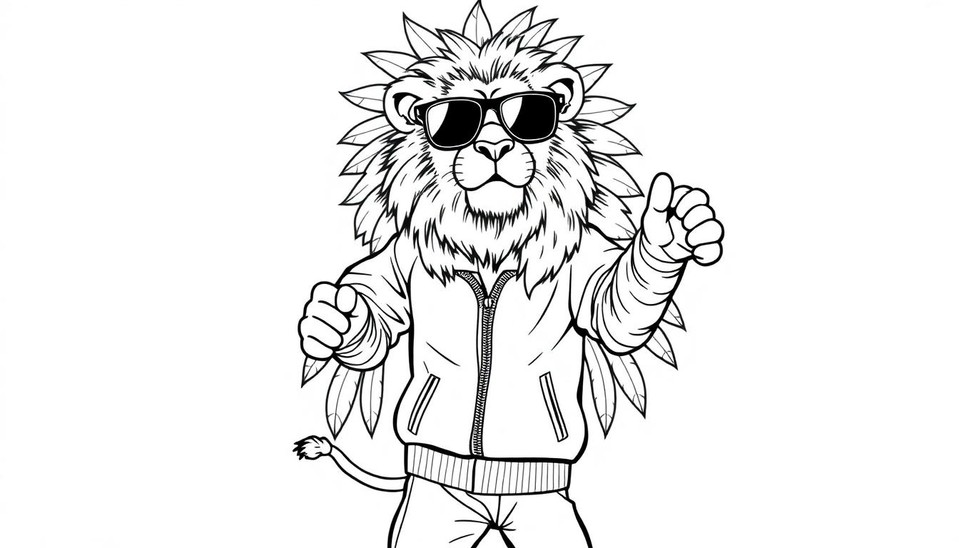 Kleurplaat van een stoere leeuw in een trainingspak en zonnebril met een Braziliaanse verentooi, die aan het dansen is.