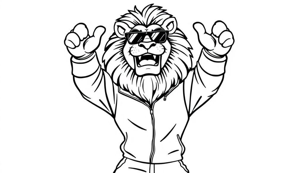 Kleurplaat van een stoere leeuw die een trainingspak en zonnebril draagt terwijl hij danst en juicht.