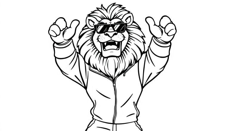 Kleurplaat van een stoere leeuw die een trainingspak en zonnebril draagt terwijl hij danst en juicht.