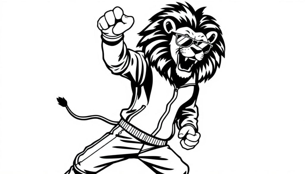Kleurplaat van een stoere leeuw in een trainingspak en zonnebril, in een dansende pose.