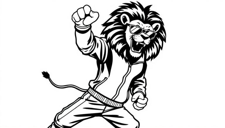 Kleurplaat van een stoere leeuw in een trainingspak en zonnebril, in een dansende pose.
