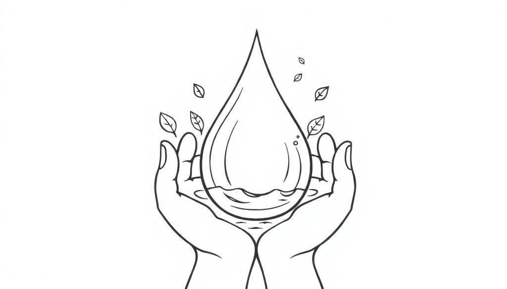 Kleurplaat van twee handen die voorzichtig een waterdruppel met golven vasthouden, omringd door kleine bladeren.