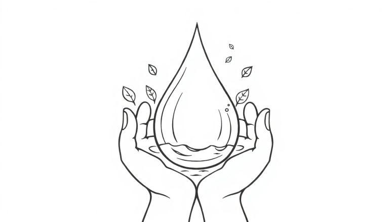 Kleurplaat van twee handen die voorzichtig een waterdruppel met golven vasthouden, omringd door kleine bladeren.