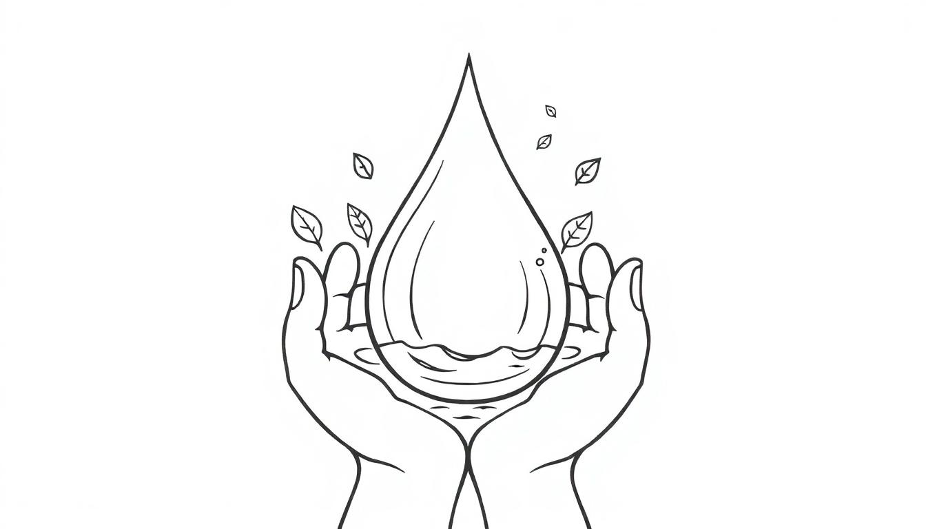 Kleurplaat van twee handen die voorzichtig een waterdruppel met golven vasthouden, omringd door kleine bladeren.