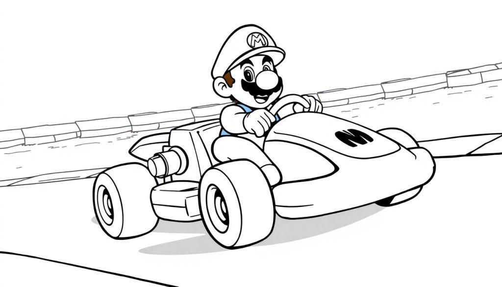 Lijntekening van Super Mario met een snor en pet in een kart op een racebaan, klaar als kleurplaat.