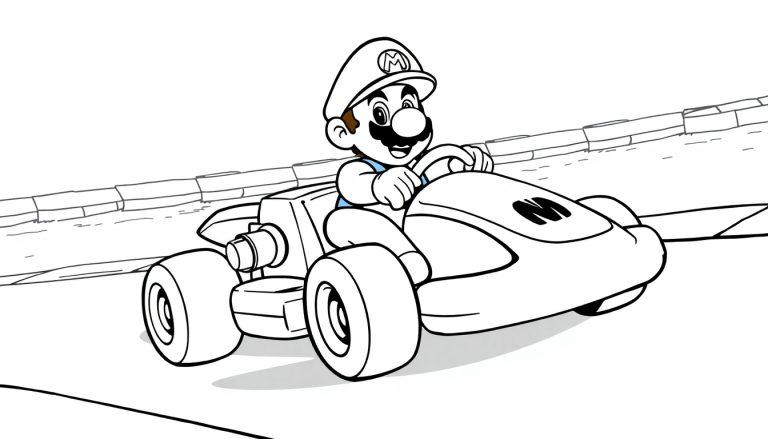 Lijntekening van Super Mario met een snor en pet in een kart op een racebaan, klaar als kleurplaat.