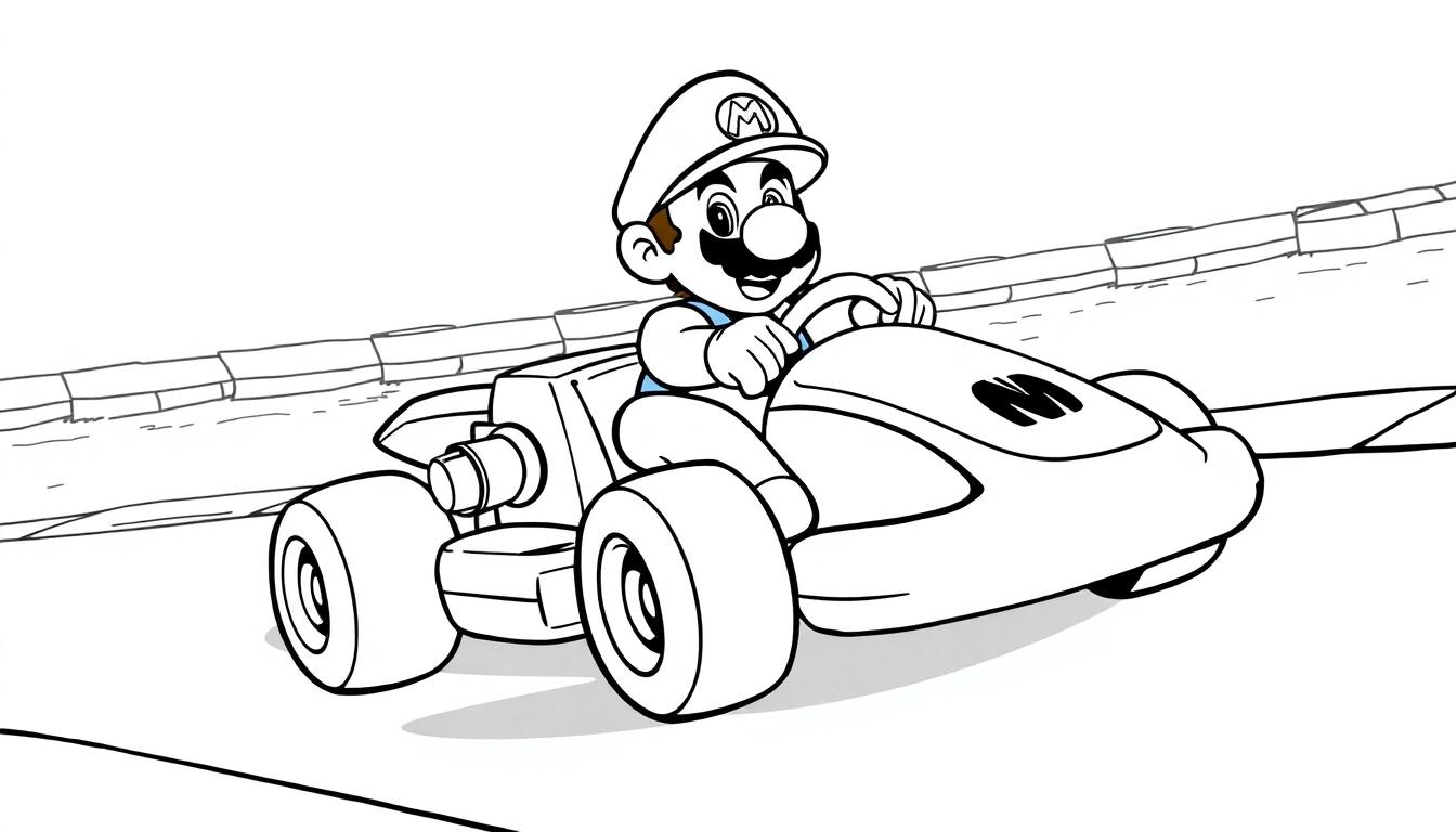 Lijntekening van Super Mario met een snor en pet in een kart op een racebaan, klaar als kleurplaat.