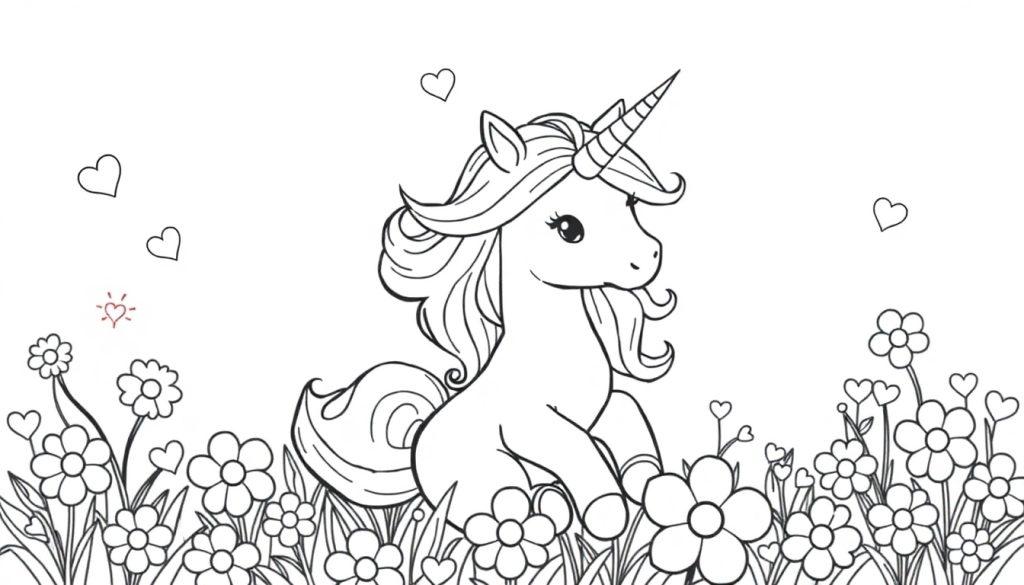 Schattige kleurplaat van een eenhoorn met bloemen, hartjes, en een vrolijke uitstraling.