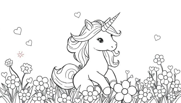 Schattige kleurplaat van een eenhoorn met bloemen, hartjes, en een vrolijke uitstraling.