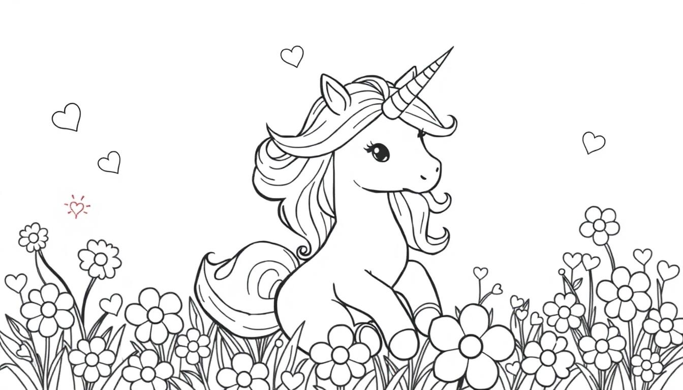 Schattige kleurplaat van een eenhoorn met bloemen, hartjes, en een vrolijke uitstraling.