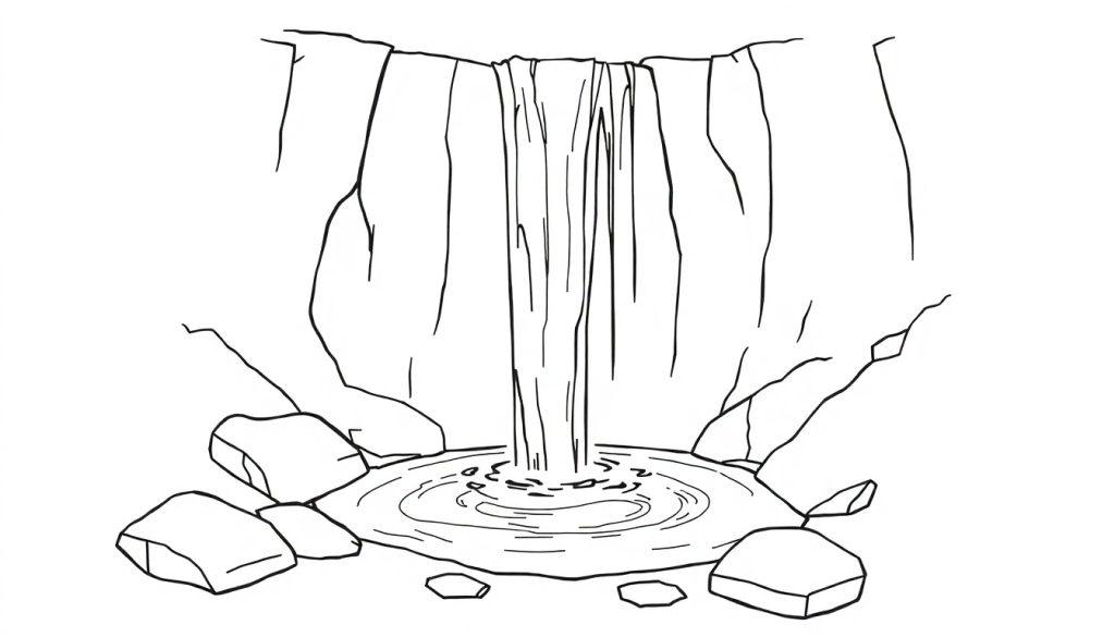 Een minimalistische zwart-wit kleurplaat van een eenvoudige waterval met rotsen en een plas aan de onderkant.