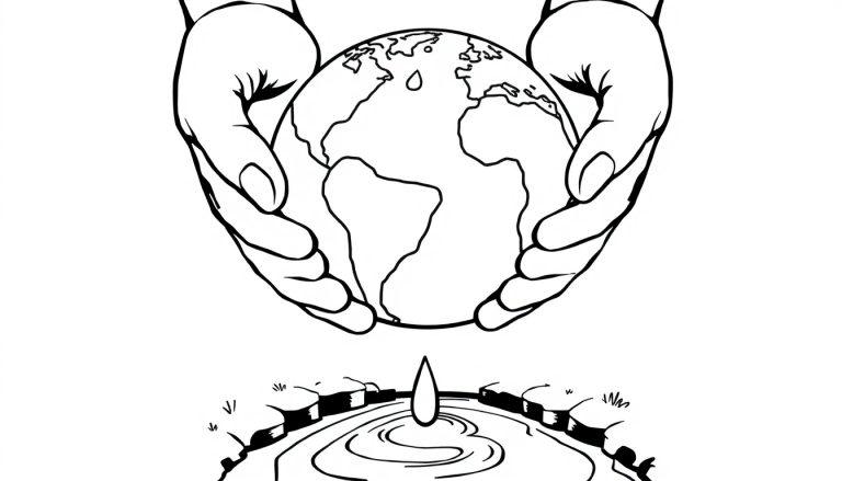 Kleurplaat van handen die een wereldbol vasthouden met daaronder een druppel die in water valt.