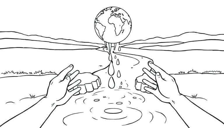 Kleurplaat van een wereldbol die smelt, met druppels water, een rivier en handen die water proberen op te vangen.