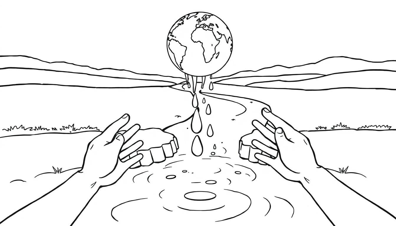 Kleurplaat van een wereldbol die smelt, met druppels water, een rivier en handen die water proberen op te vangen.
