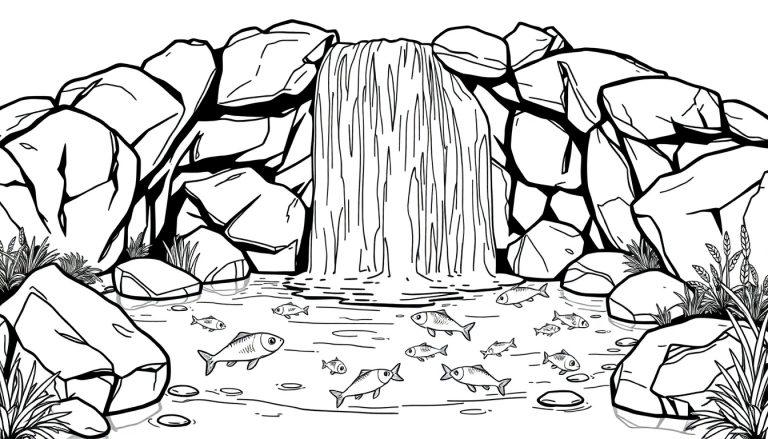 Zwart-wit kleurplaat van een serene natuurscene met een waterval, vissen in een vijver en vegetatie.