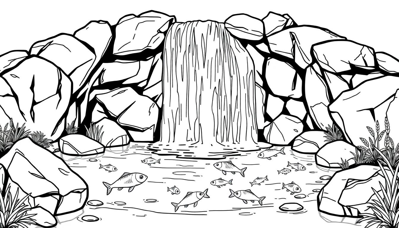 Zwart-wit kleurplaat van een serene natuurscene met een waterval, vissen in een vijver en vegetatie.