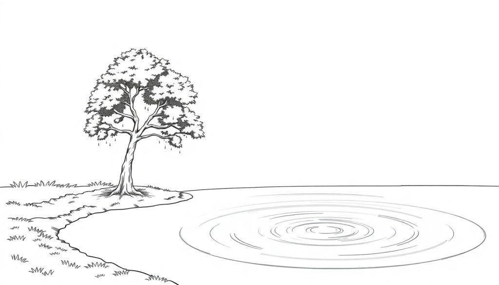 Kleurplaat van een landschap met een boom links en rimpelingen op het water aan de rechterzijde.