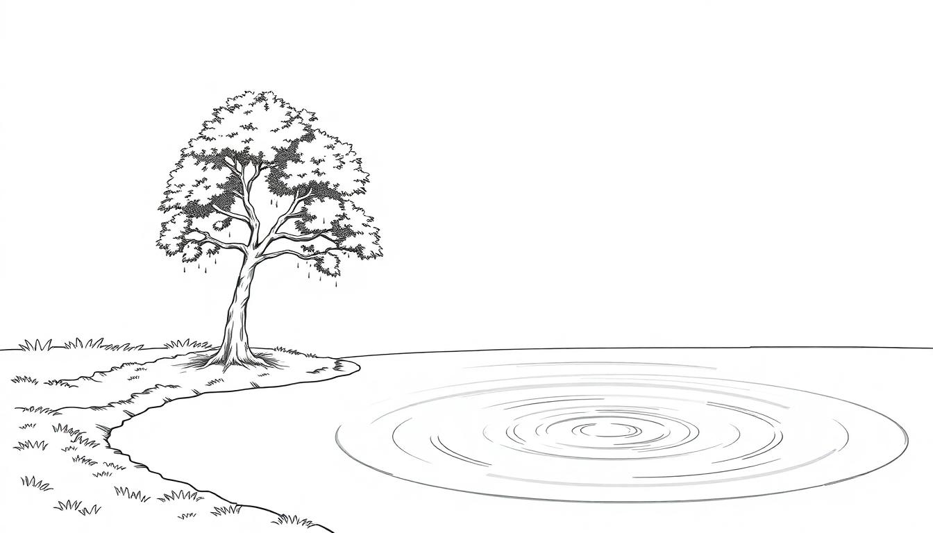 Kleurplaat van een landschap met een boom links en rimpelingen op het water aan de rechterzijde.