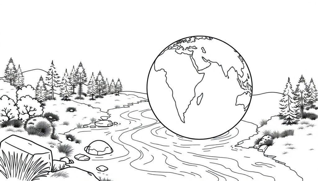 Kleurplaat van een rivier in een bos met een grote globe die Afrika toont.