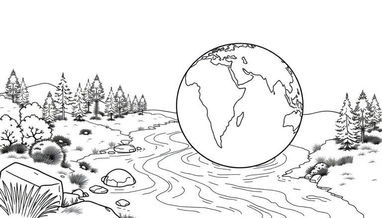 Kleurplaat van een rivier in een bos met een grote globe die Afrika toont.