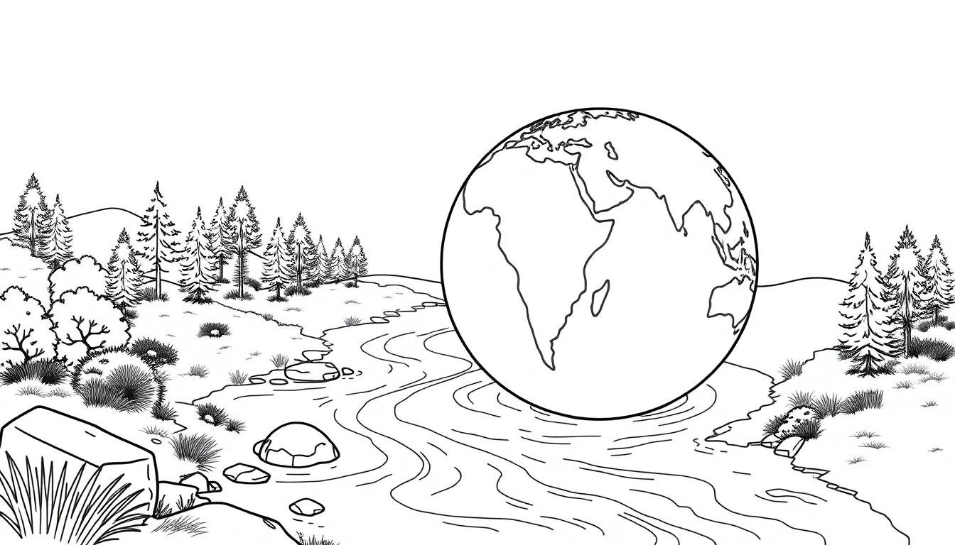 Kleurplaat van een rivier in een bos met een grote globe die Afrika toont.