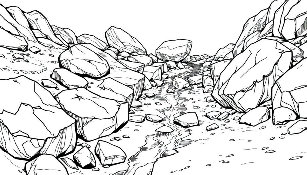 Een kleurplaat van een zwart-wit rotslandschap met stenen, een kronkelende beek en een bergachtige omgeving.