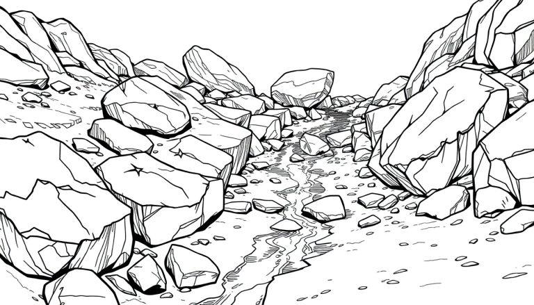 Een kleurplaat van een zwart-wit rotslandschap met stenen, een kronkelende beek en een bergachtige omgeving.