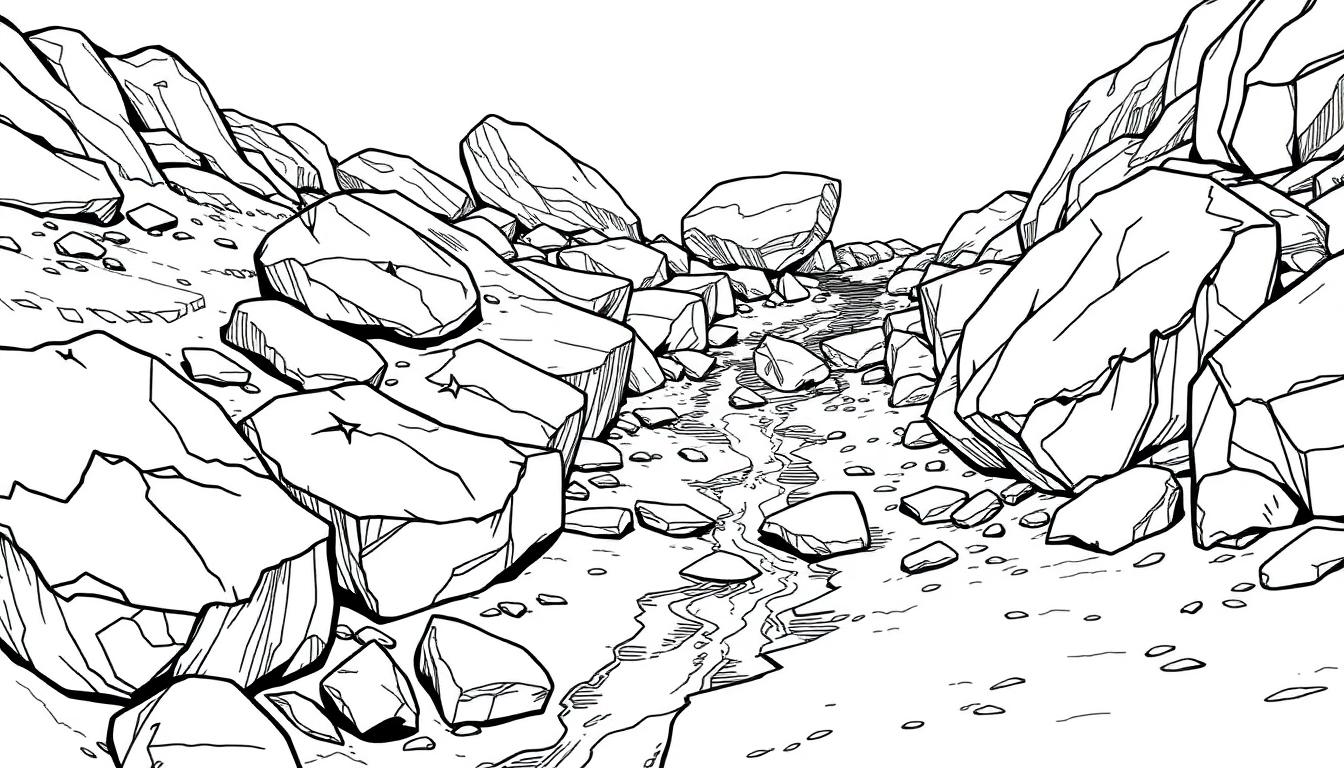 Een kleurplaat van een zwart-wit rotslandschap met stenen, een kronkelende beek en een bergachtige omgeving.