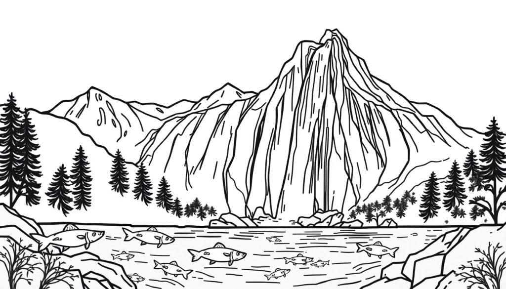 Kleurplaat met bergen, naaldbomen, een rivier met vissen, rotsen en struiken in een natuurtafereel.