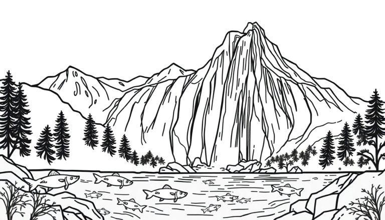 Kleurplaat met bergen, naaldbomen, een rivier met vissen, rotsen en struiken in een natuurtafereel.