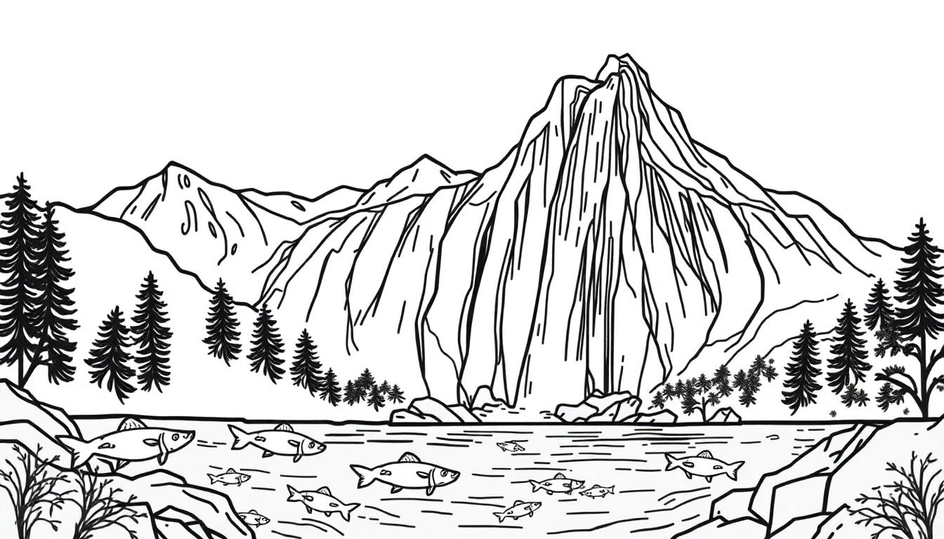 Kleurplaat met bergen, naaldbomen, een rivier met vissen, rotsen en struiken in een natuurtafereel.