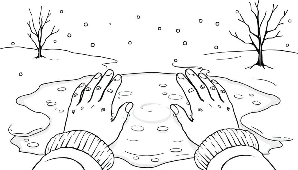 Kleurplaat van een winterlandschap met handen die ijs aanraken, kale bomen en dwarrelende sneeuwvlokken.