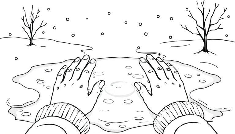 Kleurplaat van een winterlandschap met handen die ijs aanraken, kale bomen en dwarrelende sneeuwvlokken.