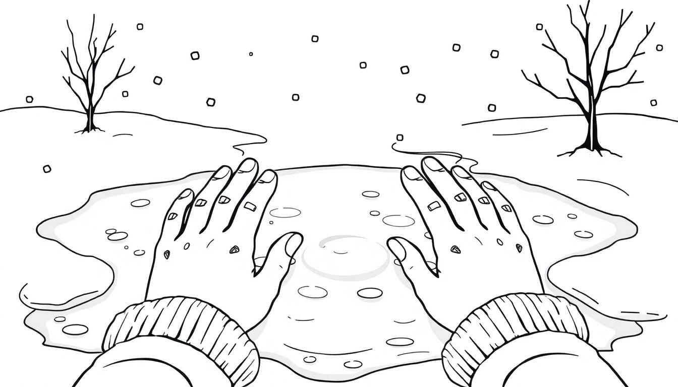 Kleurplaat van een winterlandschap met handen die ijs aanraken, kale bomen en dwarrelende sneeuwvlokken.