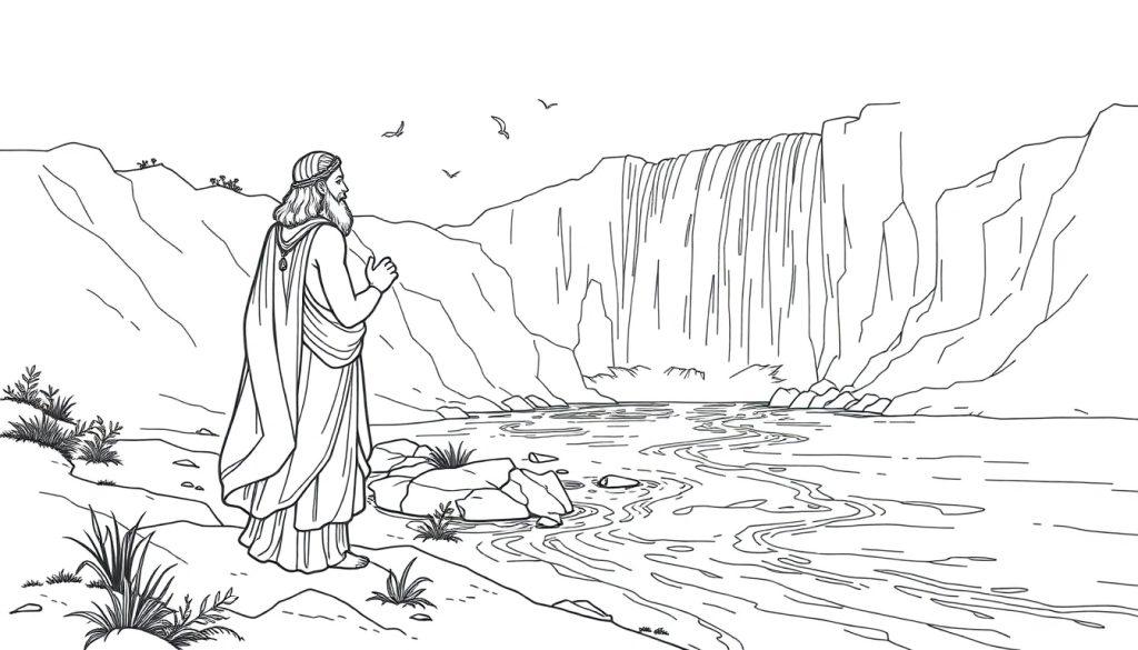 Kleurplaat met een persoon in een lang gewaad die bij een stromende rivier en waterval staat, omgeven door hoge rotsen, planten en vogels in de lucht.